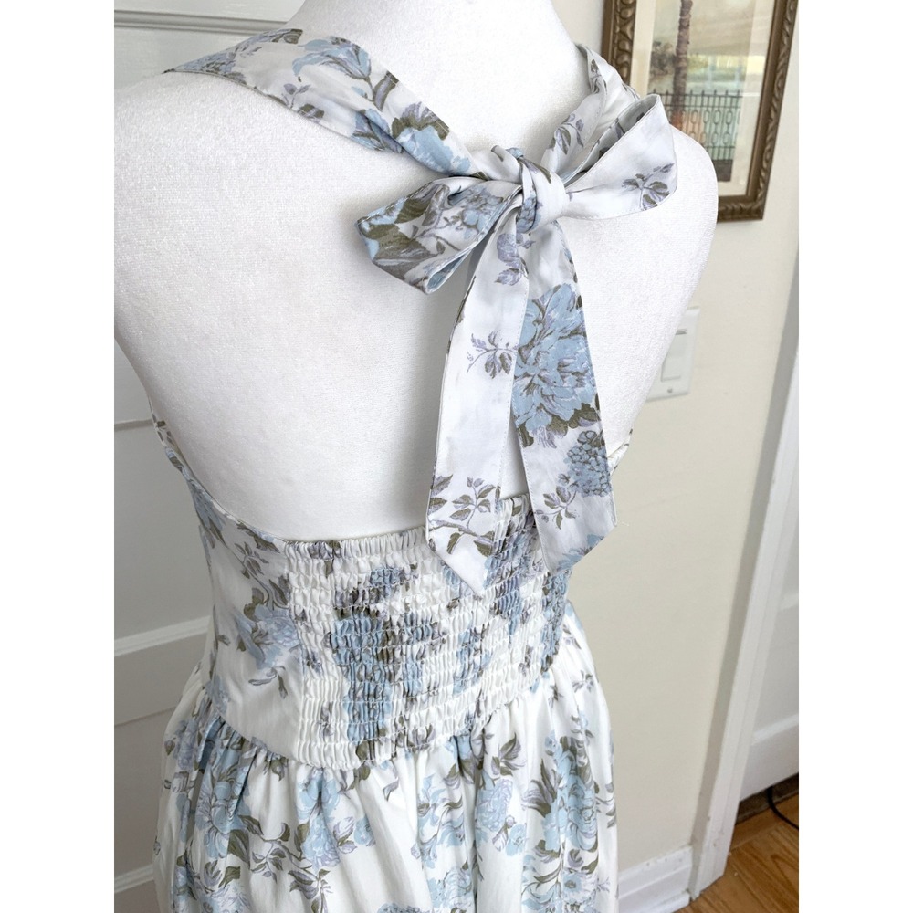 Floral Halter Sun Dress XS Coquette Blue White Sweetheart V-Waist Cottagecore - Picture 4 of 16